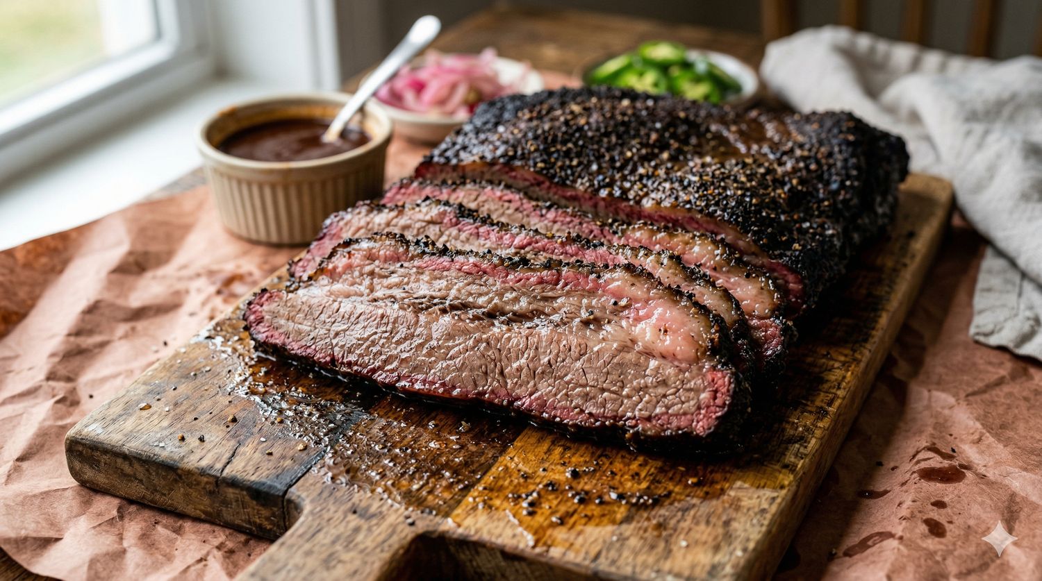 Texas Style Brisket skjært opp på trefjøl