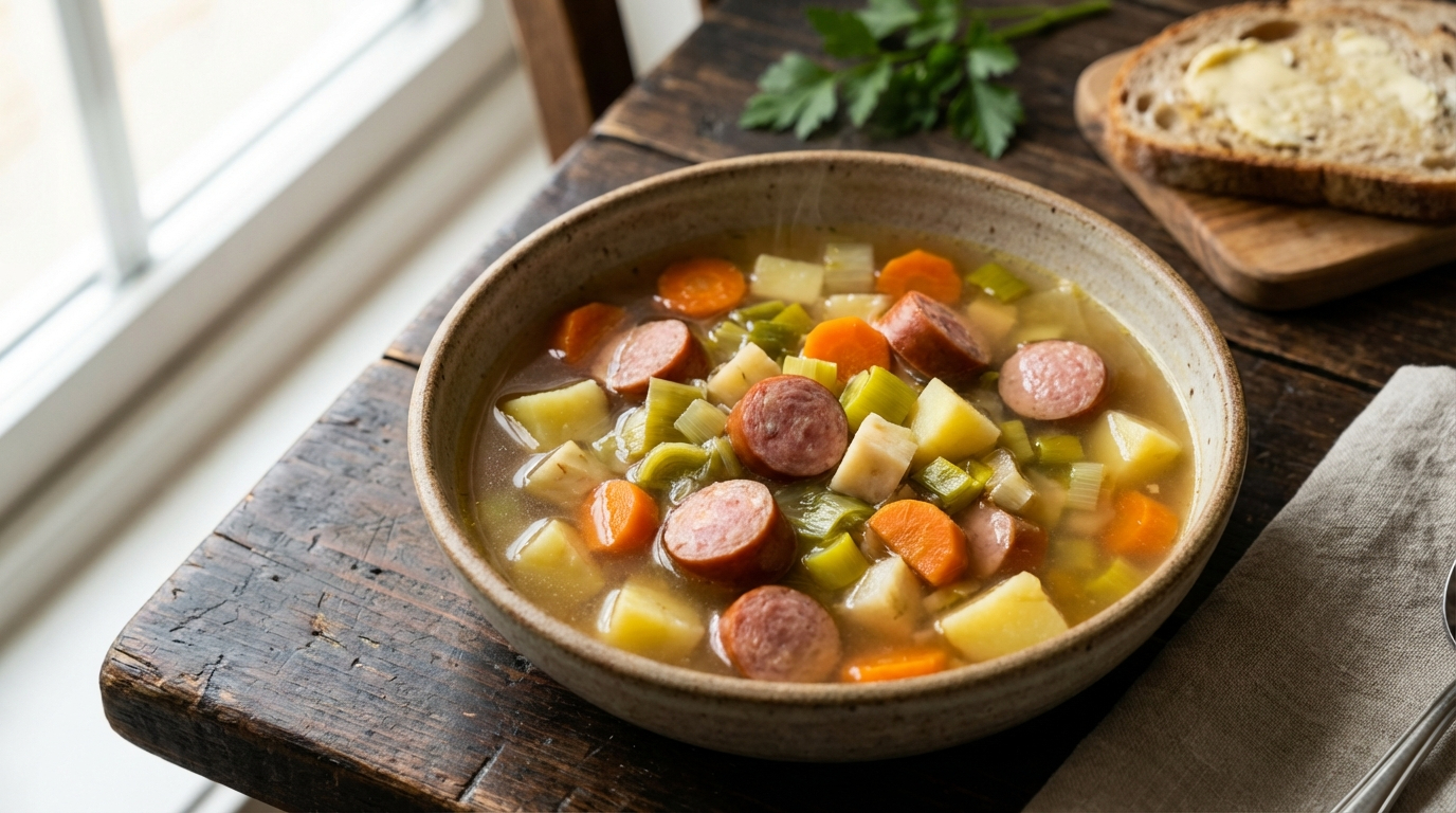 Rykende varm grønnsakssuppe med pølser