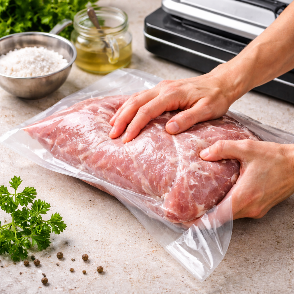 Manuell tromling av kjøtt i vakuumpose